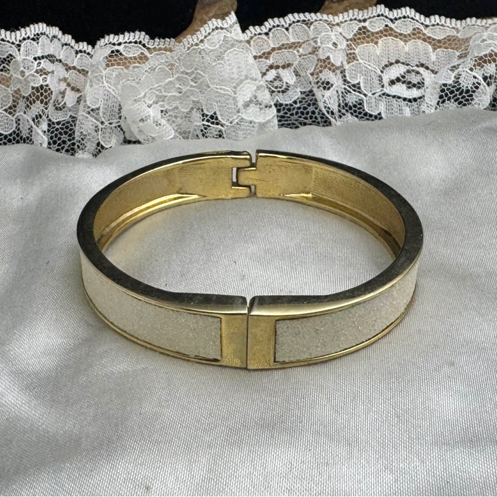 Vintage Gold Tone White Glitter Hinged Bangle Bracelet
